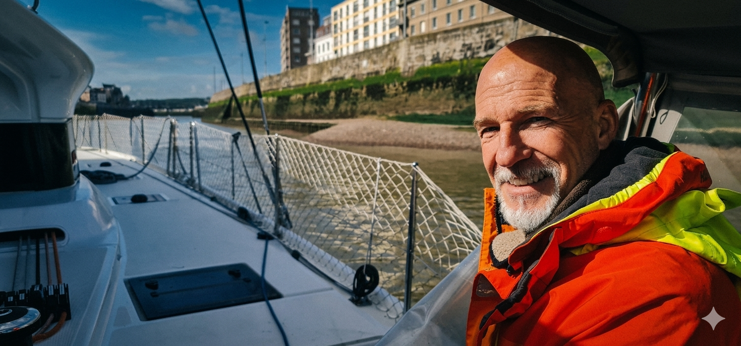 Daniel Giessler on deck in offshore gear, harbour in the background
