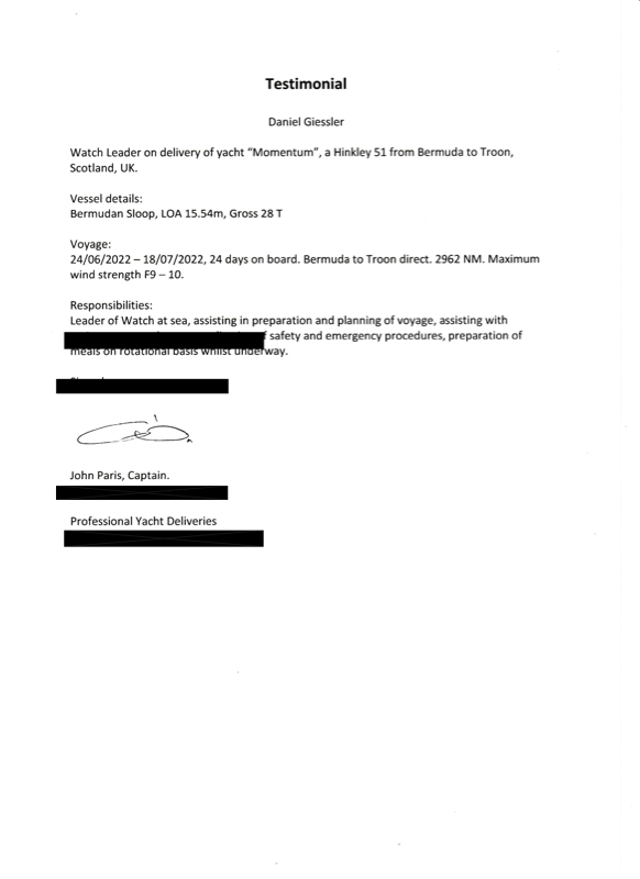 Seemeilennachweis — Bermuda to Troon (redacted preview)